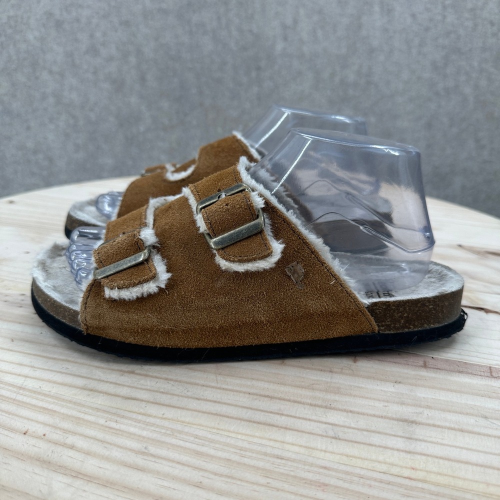 Earth Origins Chill Cali Sandals Womens 8 Brown Suede Faux Fur Double Buckle